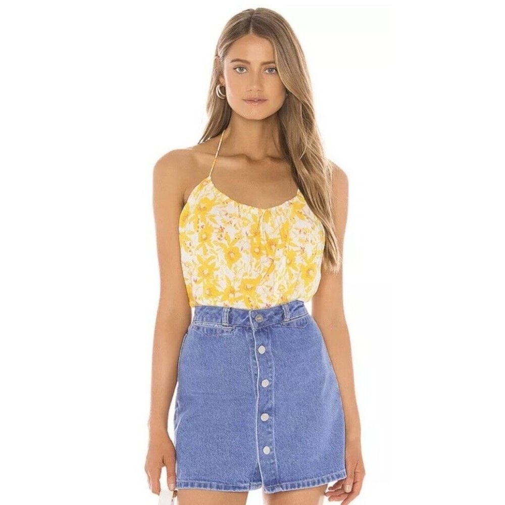 Free People Liza Yellow Flora Halter Bodysuit Size Medium Beach Cottagecore Boho